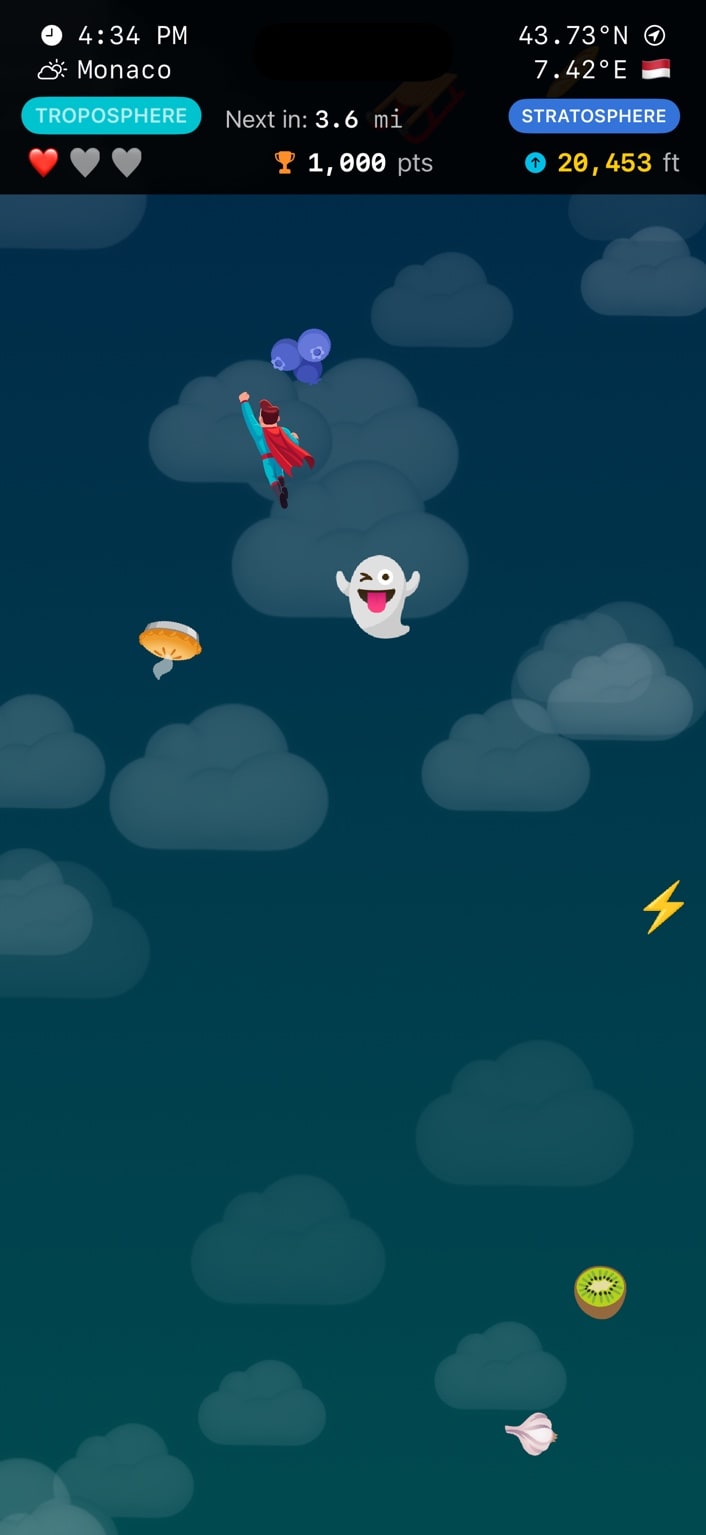 Flymoji Hero gameplay climbing through the troposphere