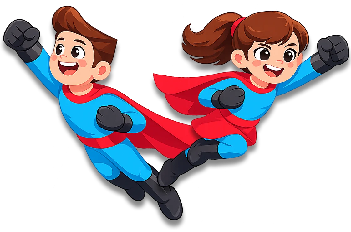 Flymoji hero and heroine flying from rain toward clear sky